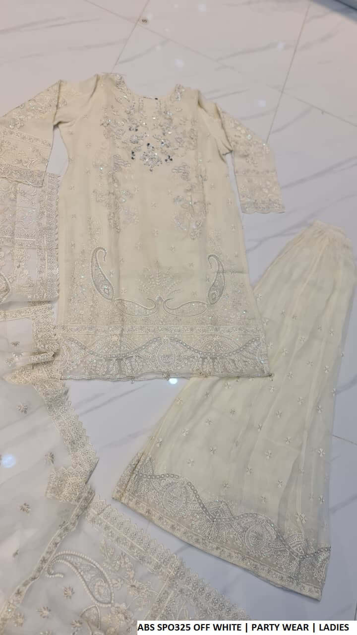 Pakistani women's off white chiffon straight shirt plazo back view