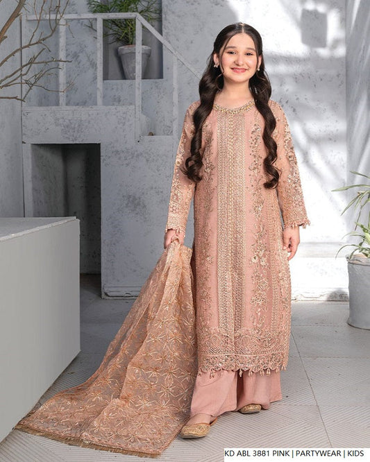 Kids girls chiffon frock pink - Pakistani girls party wear with chiffon dupatta and viscose trouser front view