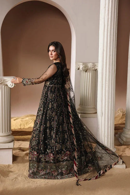 Pakistani women's black soft net luxury long open frock back view