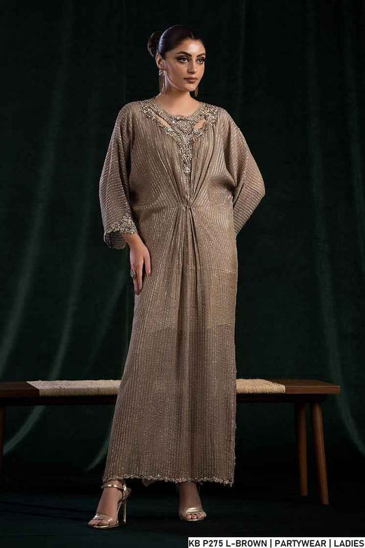 Hand embroidered luxury suit light brown - Pakistani women's bridal formal wear with embroidered dupatta front view