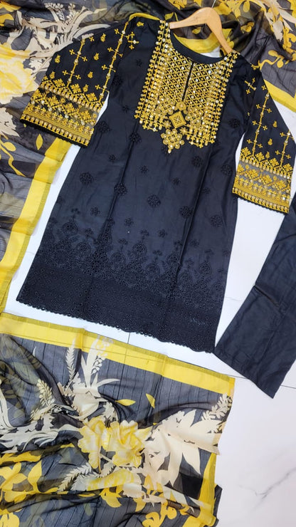 Pakistani women's black lawn A-Line casual outfit back view