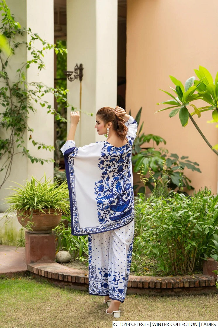 Pakistani women's celeste blue silk 2-piece formal suit full view