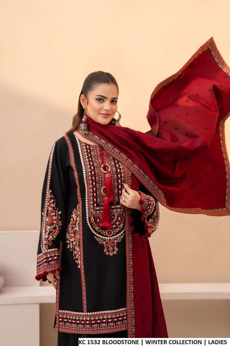 Blood stone red silk Pakistani women's short shirt with farshi shalwar side view