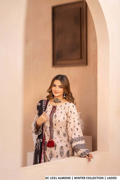 Almond silk Pakistani women's short shirt with farshi shalwar side view