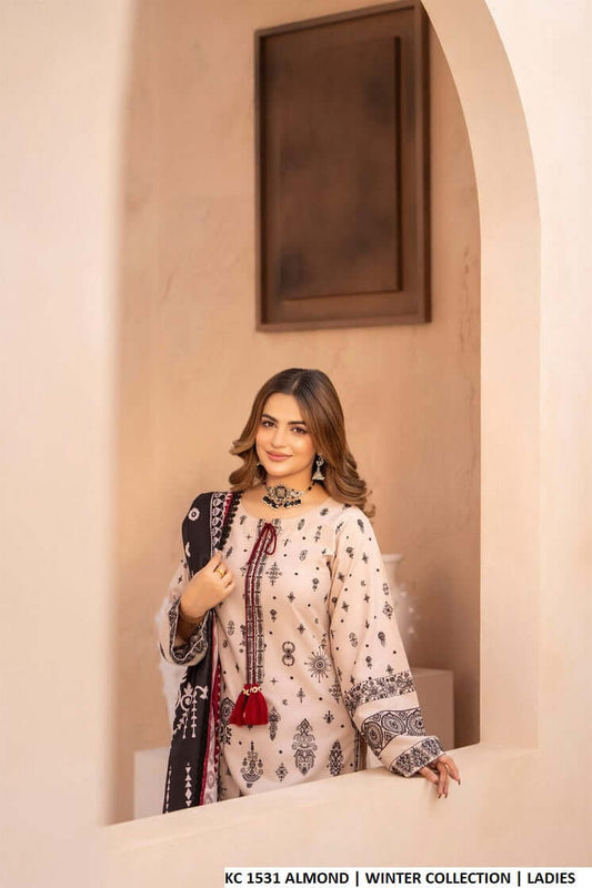 Almond silk Pakistani women's short shirt with farshi shalwar side view