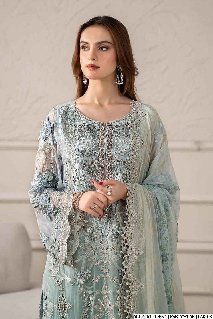Organza A-Line shirt ferozi - Pakistani women's elegant formal wear with viscose trouser and organza dupatta front view