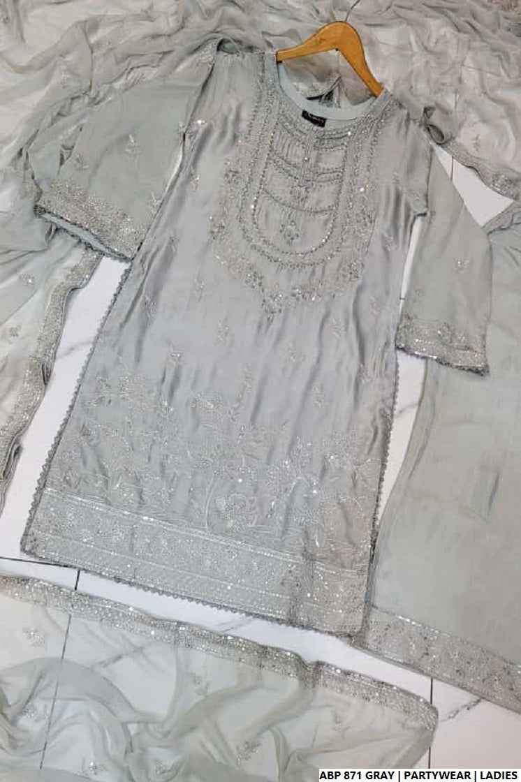 Pakistani women's grey silk straight shirt detail view