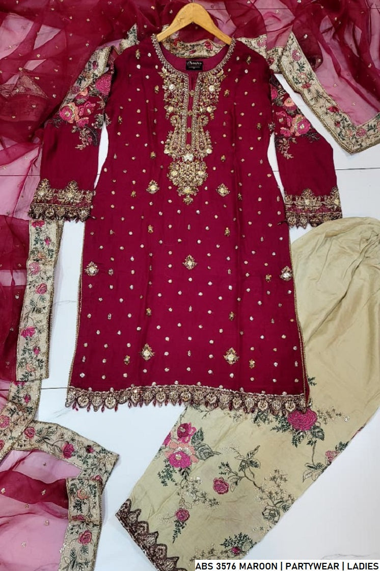 Pakistani women's maroon organza straight shirt back view