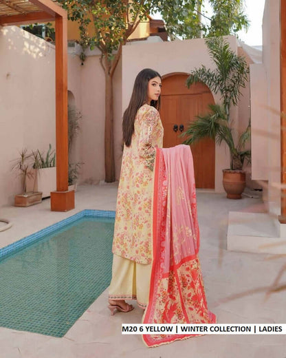Pakistani women's yellow lawn A-Line casual outfit detail view