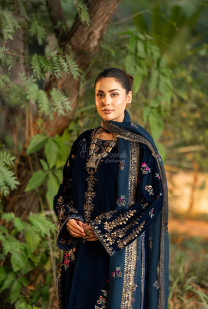 Zinc grey velvet Pakistani women's long kaftan with plazo side view
