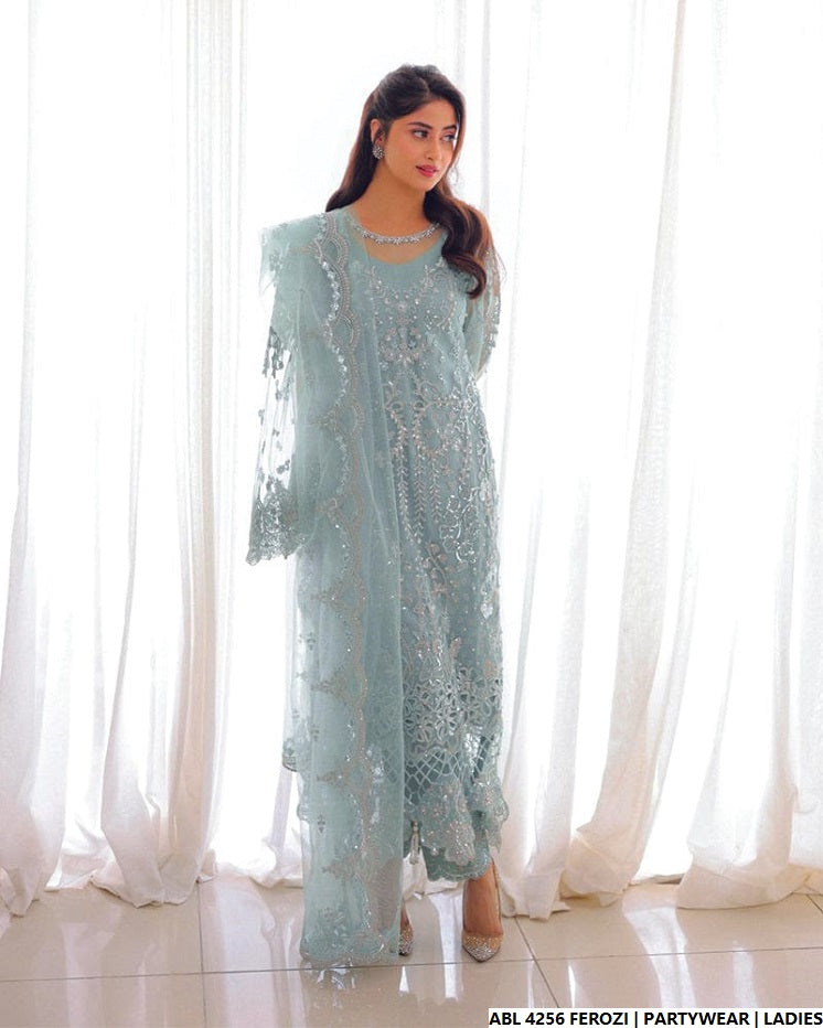Ferozi organza Pakistani women's A-Line shirt side view