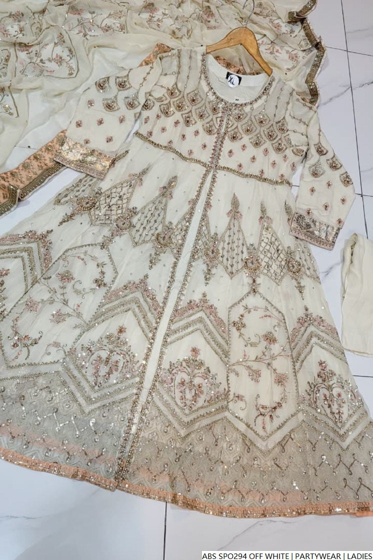 Pakistani women's off white chiffon straight shirt plazo detail view