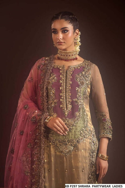 Golden khaddar Pakistani women's embroidered sharara side view
