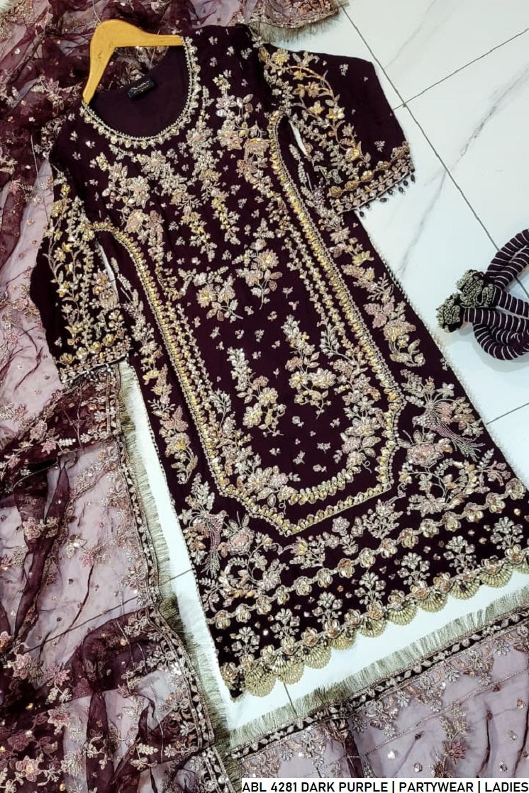 Pakistani women's dark purple organza A-Line shirt full view