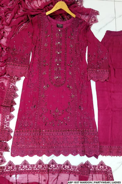 Pakistani women's maroon silk short shirt full view