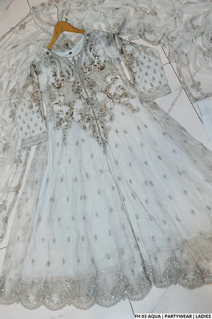 Pakistani women's aqua organza open shirt back view