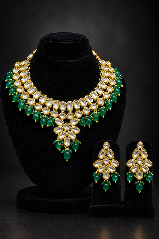 JW428 – Gold-Tone Kundan Necklace Set with Emerald-Green Bead Drops