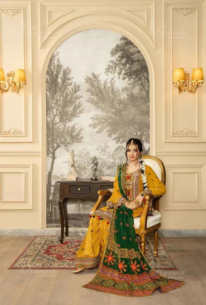 Pakistani women's mustard yellow silk short shirt farshi shalwar full view