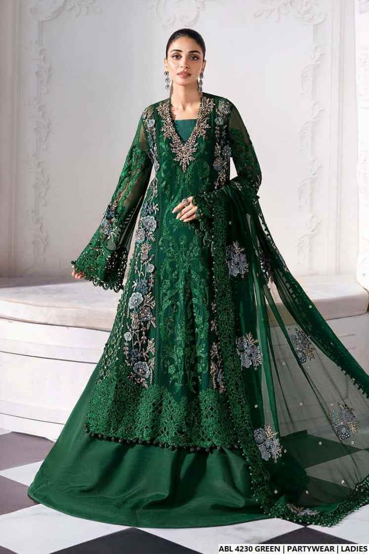 Pakistani women's green organza A-Line shirt detail view