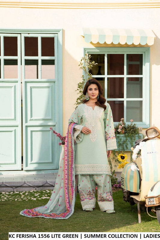 Cotton short shirt farshi shalwar mint green - Pakistani women's traditional casual outfit with deep chiffon dupatta front view