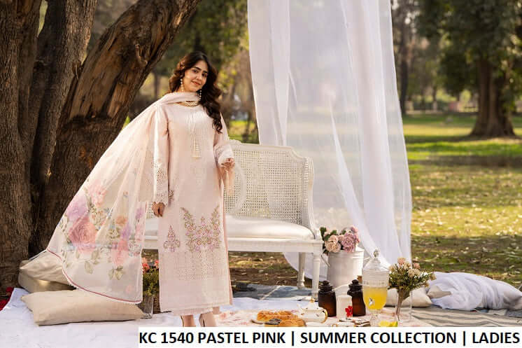 Pakistani women's pastel pink cotton long embroidered shirt back view