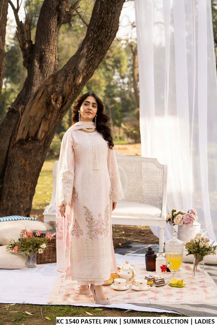 Cotton long embroidered shirt pastel pink - Pakistani women's casual elegant outfit with printed lawn dupatta front view