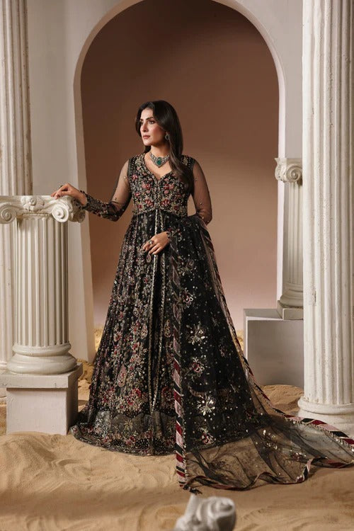 Soft net long open frock black - Pakistani women's luxury bridal formal wear with grip trouser and net dupatta front view