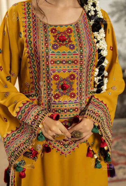 Pakistani women's mustard yellow silk short shirt farshi shalwar back view