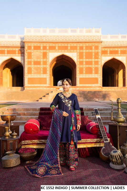Cotton peplum frock farshi shalwar indigo - Pakistani women's festive casual outfit with digital print dupatta front view