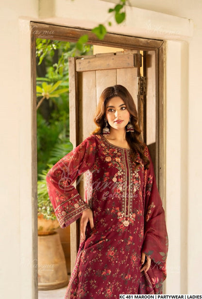 Pakistani women's maroon silk long kaftan back view