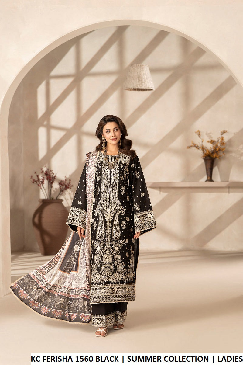 Cotton long straight shirt plazo black - Pakistani women's casual outfit with digital print silk dupatta front view