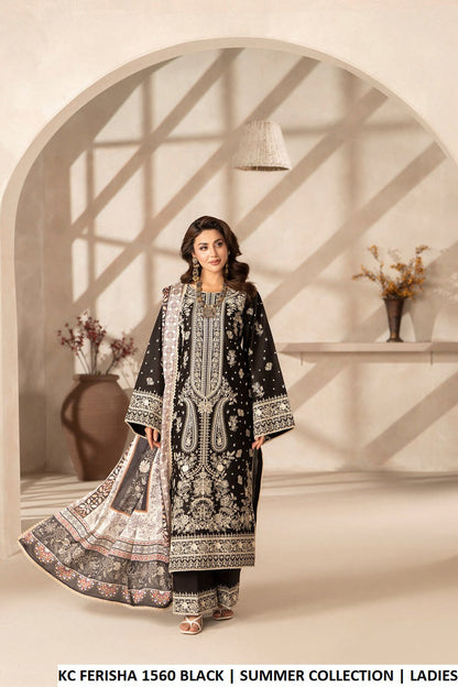 Cotton long straight shirt plazo black - Pakistani women's casual outfit with digital print silk dupatta front view