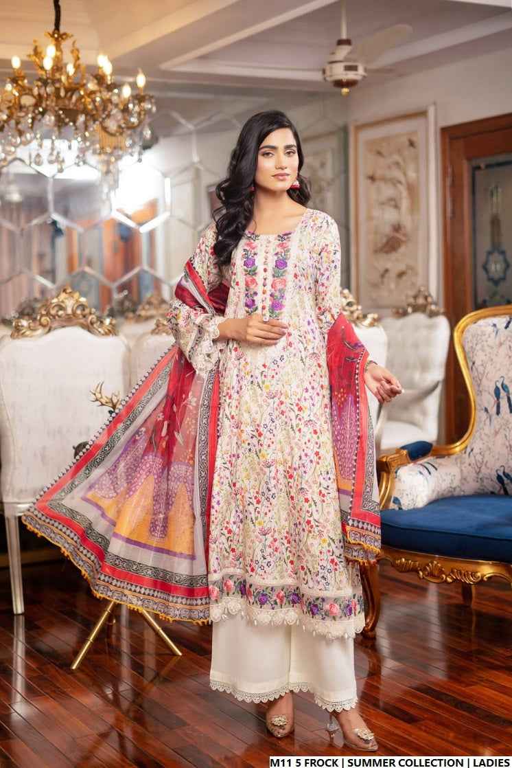 Lawn long frock printed - Pakistani women's casual summer outfit with cotton trouser and lawn dupatta front view