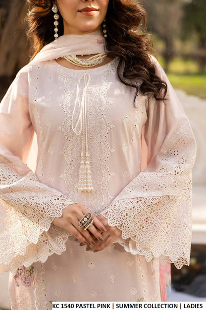 Pakistani women's pastel pink cotton long embroidered shirt detail view