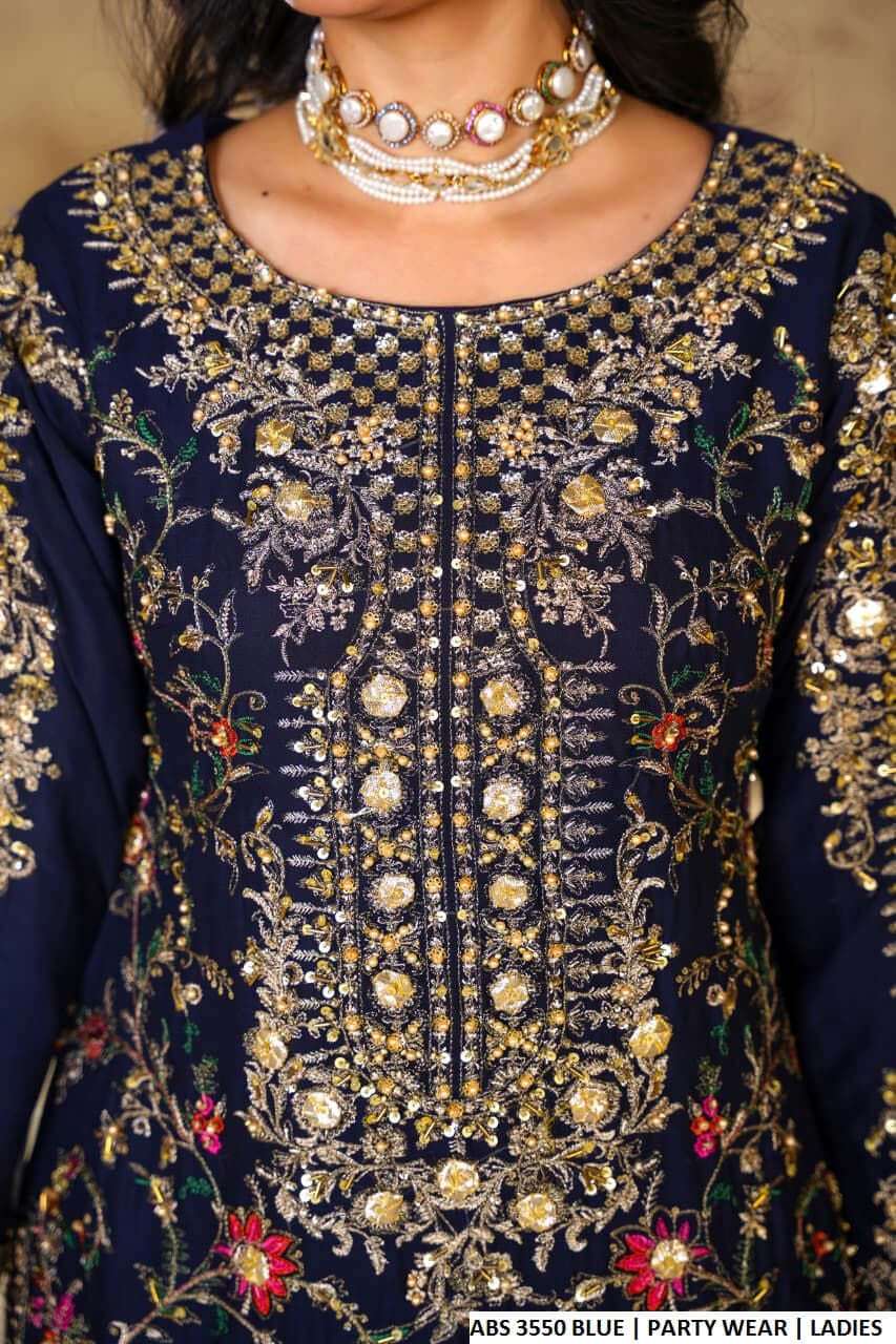 Blue chiffon Pakistani women's straight shirt side view
