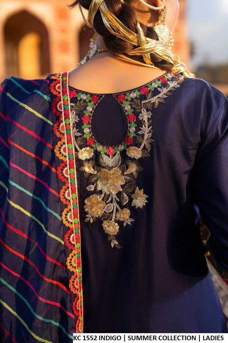 Pakistani women's indigo cotton peplum frock farshi shalwar back view