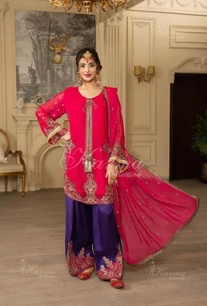 Silk short shirt farshi shalwar shocking pink - Pakistani women's traditional festive outfit front view