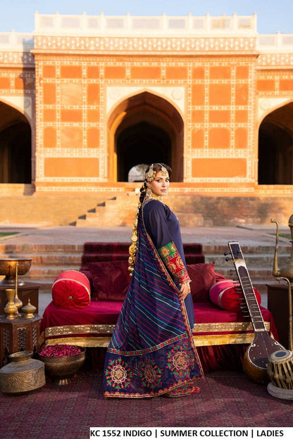 Pakistani women's indigo cotton peplum frock farshi shalwar detail view
