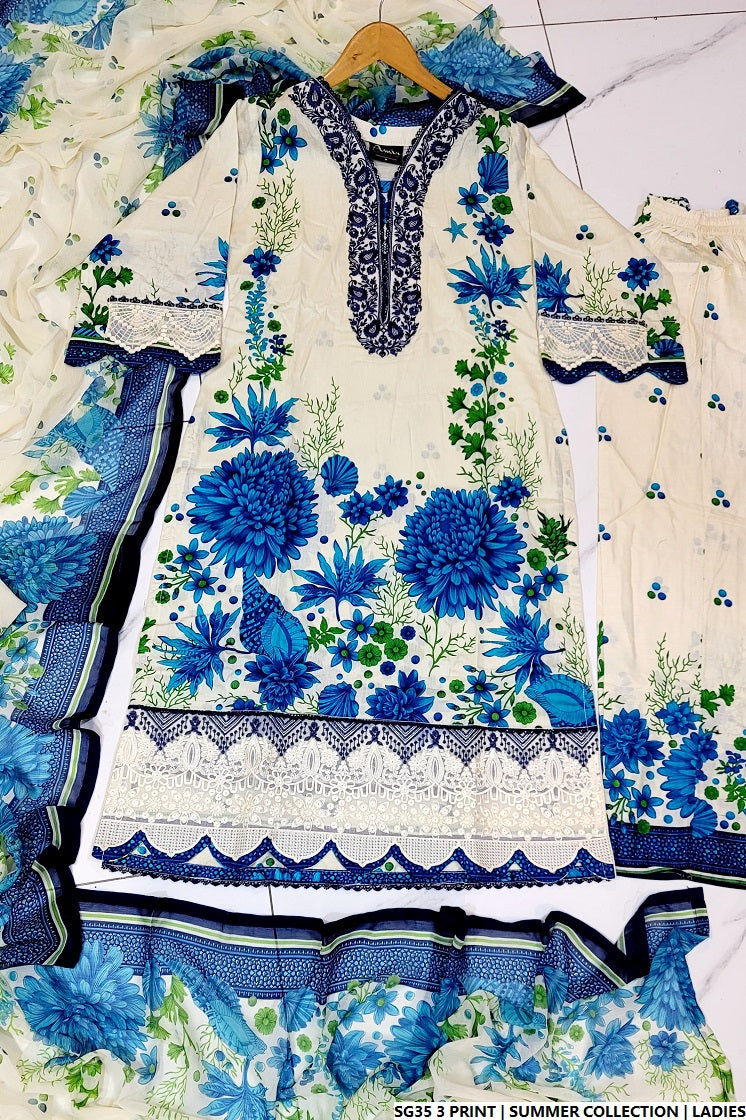 Lawn A-Line printed shirt - Pakistani women's casual summer outfit with cotton trouser and lawn dupatta front view