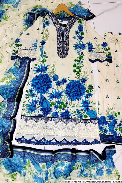 Lawn A-Line printed shirt - Pakistani women's casual summer outfit with cotton trouser and lawn dupatta front view