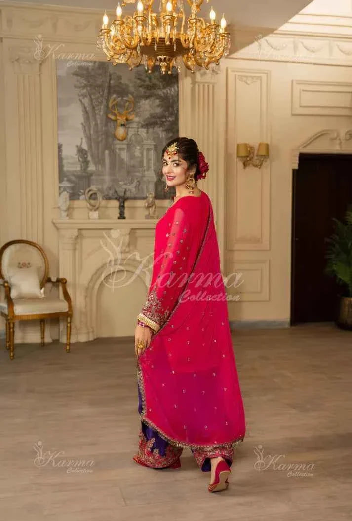 Pakistani women's shocking pink silk short shirt farshi shalwar detail view