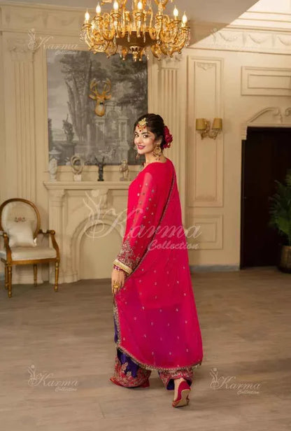 Pakistani women's shocking pink silk short shirt farshi shalwar detail view