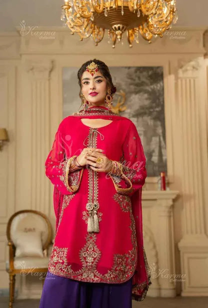 Pakistani women's shocking pink silk short shirt farshi shalwar full view