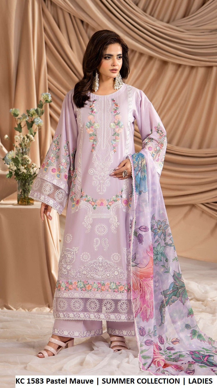 KC Ayra 1583 PASTEL MAUVE - Pastel Mauve Cotton Embroidered 3-Piece Ready to Wear Pakistani Suit