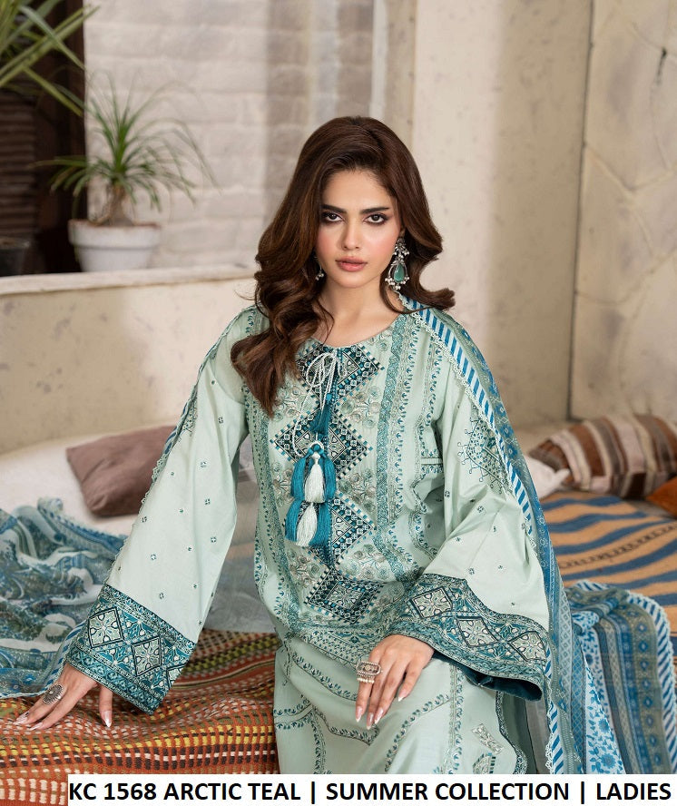 KC TABEER 1568 ARCTIC TEAL Pakistani women's cotton embroidered long shirt detail view