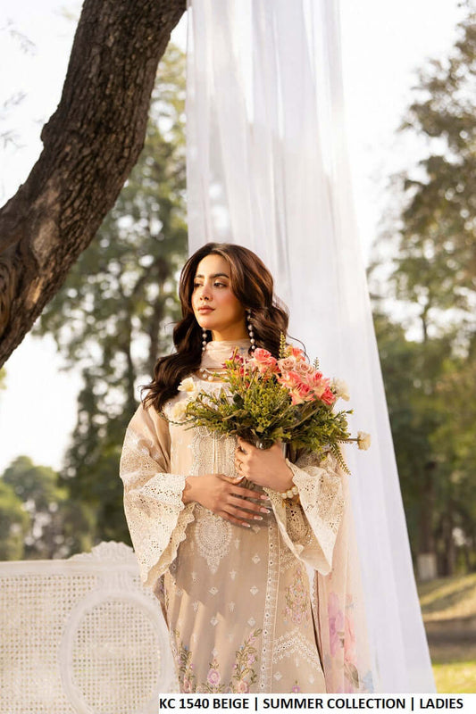 Beige cotton Pakistani women's long embroidered shirt side view
