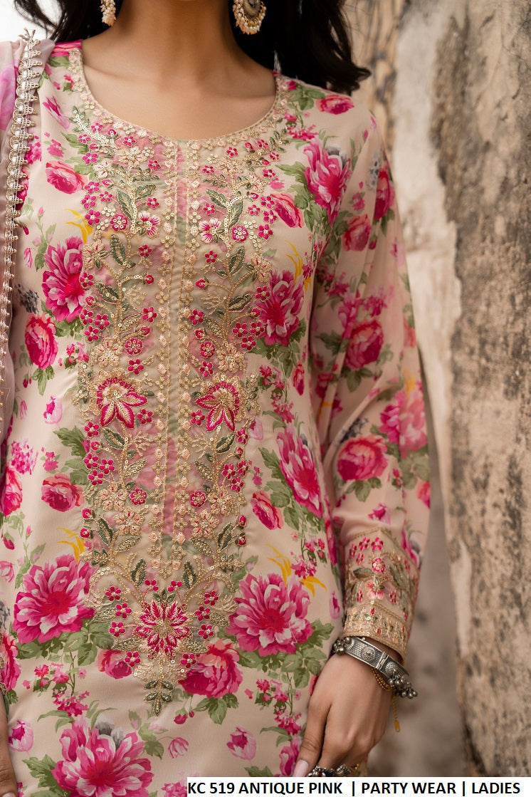 Pakistani women's antique pink georgette embroidered farshi shalwar outfit detail view