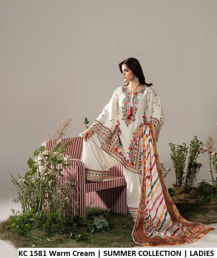 KC AYRA 1581 Warm Cream - Warm Cream 3-Piece Embroidered Women's Pakistani Suit