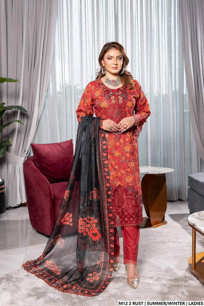 Lawn A-Line printed shirt - Pakistani women's casual summer outfit with cotton trouser and lawn dupatta front view