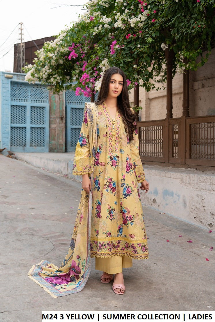 M24 3 PRINT - Elegant Printed Lawn 3-Piece Women's Long Frock with Plazo